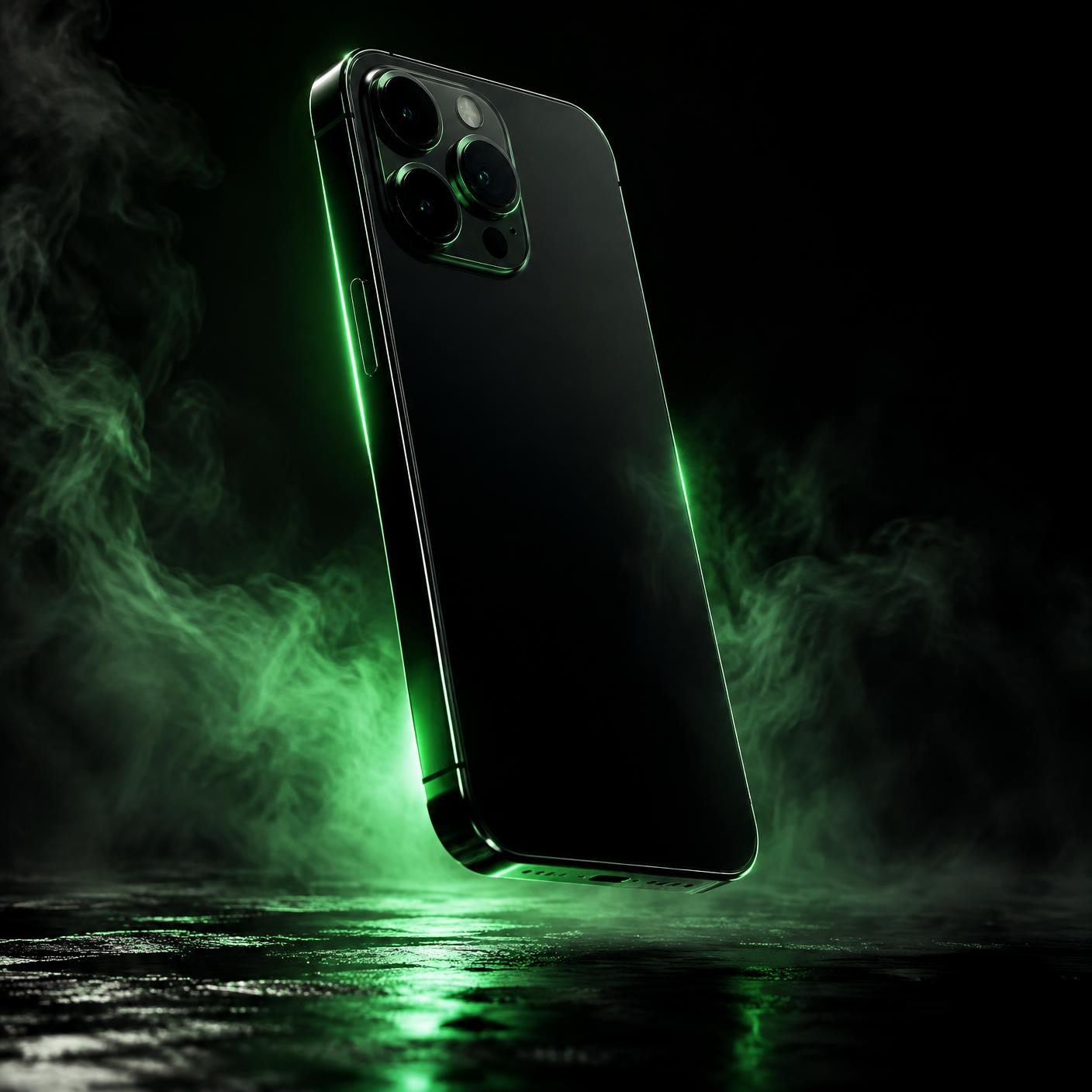 Celular premium con reflejos verde neón sobre fondo negro